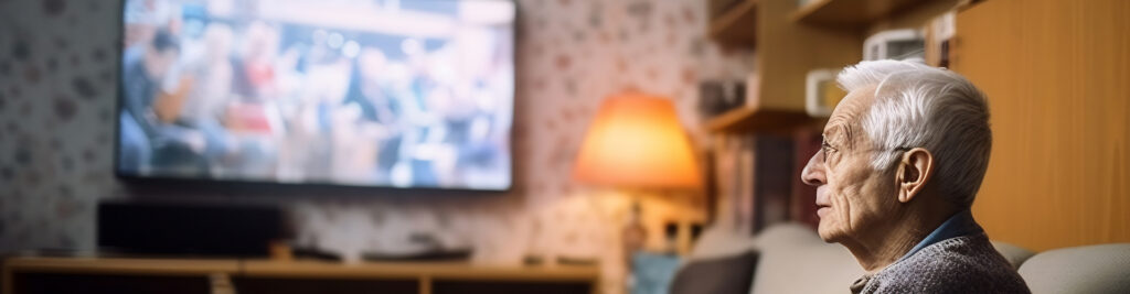 mannelijke 50-plusser die naar lineaire tv kijkt op de bank in zijn woonkamer
