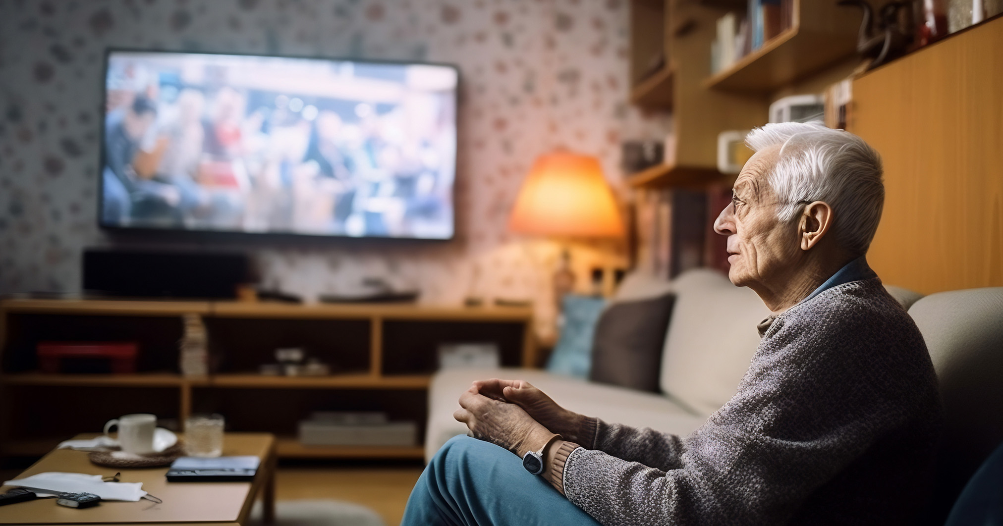 Senioren man in woonkamer die televisie aan het kijken is